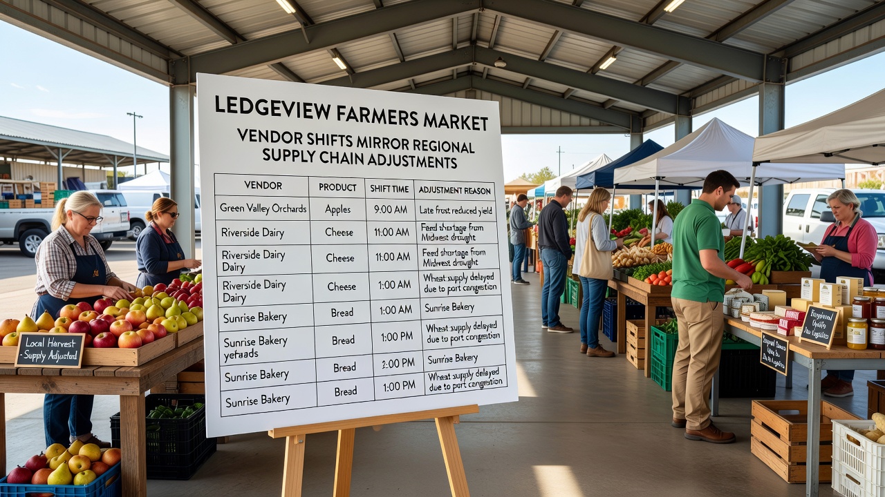 Regional supply chain logistics with trucks and distribution centers handling agricultural goods