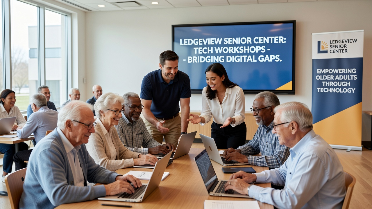 Group of older adults practicing tablet navigation during a Ledgeview Senior Center tech workshop